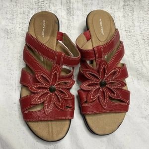Rockport Grain Leather Floral Slides Wedge Sandals